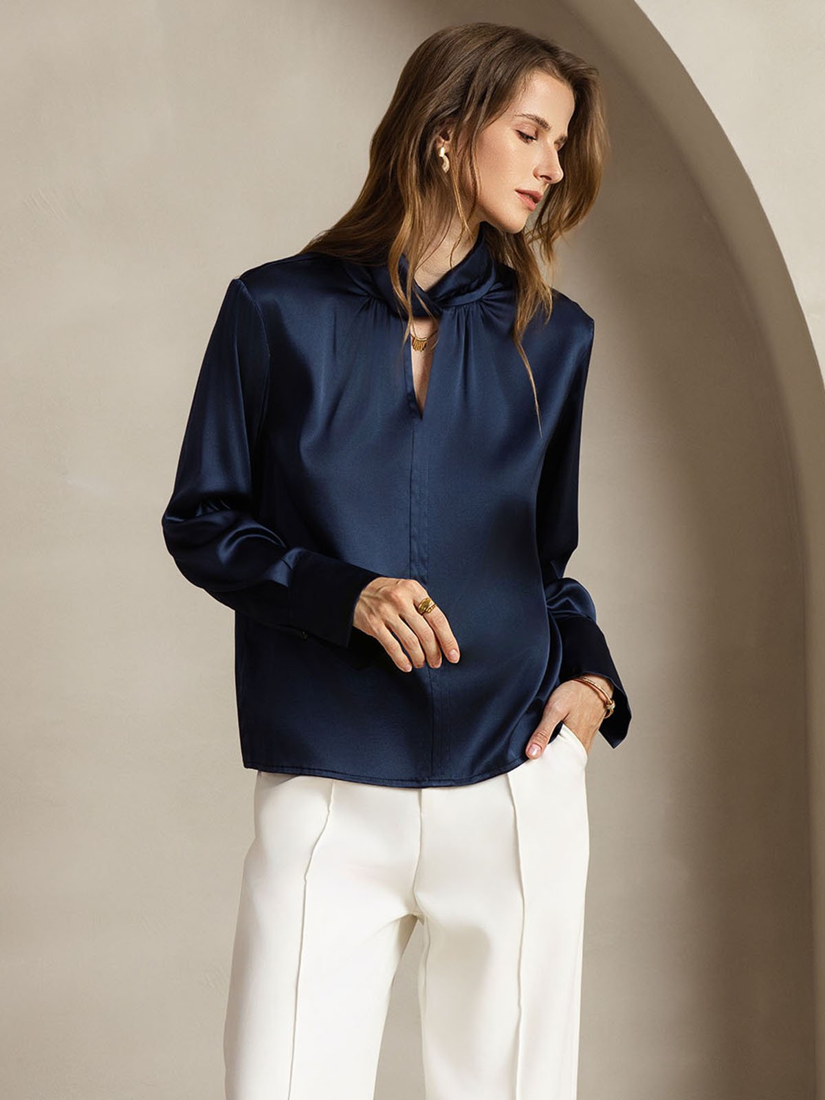 [Mørkeblå] SilkSilky-DK 19Momme Silke Womens Shirt 006