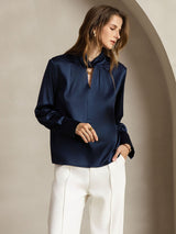 [Mørkeblå] SilkSilky-DK Long Sleeve Keyhole Neck Damebluser 006