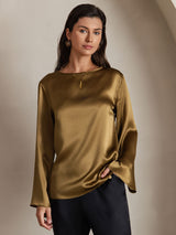 [Brun] SilkSilky-DK Long Sleeve Boat Neck Bluse 003