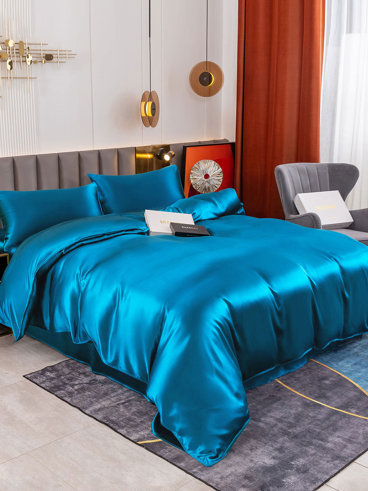 [Blågrøn] SilkSilky-DK 19Momme Bedding Set 004
