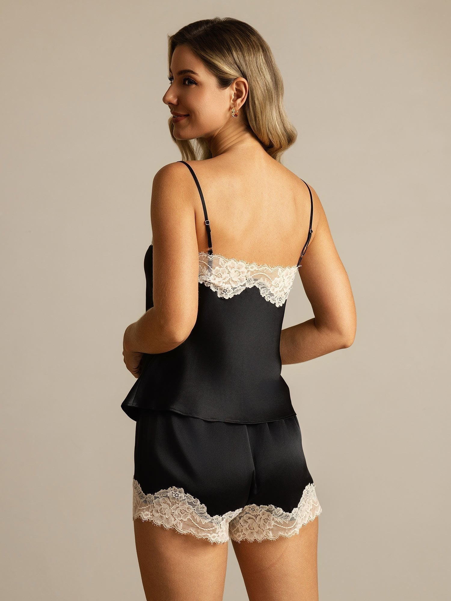 [Sort] SilkSilky-DK Spaghetti Rem V Hals Camisole Sæt 002