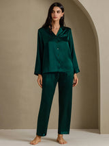 [Mørkegrøn] SilkSilky-DK Long Sleeve Lapel Collar Dame Pyjamas 001