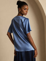 [Ægte Petrol] SilkSilky-DK Short Sleeve Cowl Neck Damebluser 002