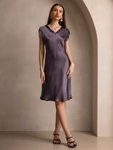 [Lilla Grå] SilkSilky-DK Cap Sleeve V Neck Natkjole 006
