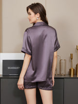 [Lilla Grå] SilkSilky-DK Short Sleeve Lapel Collar Dame Pyjamas 002