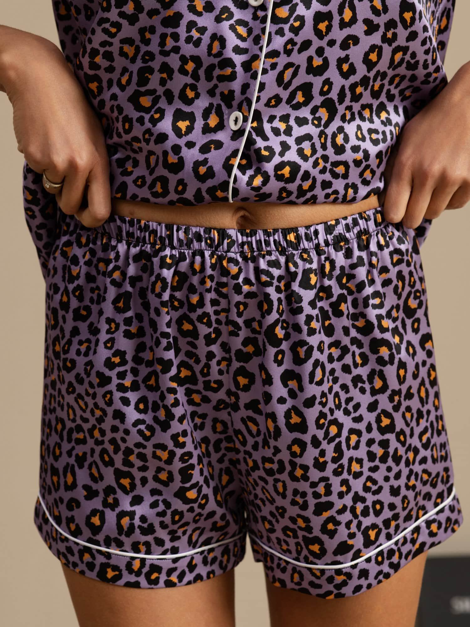 [Lilla Leopard] SilkSilky-DK 19Momme Kort ærme Notchkrage Dame Pyjamas 005