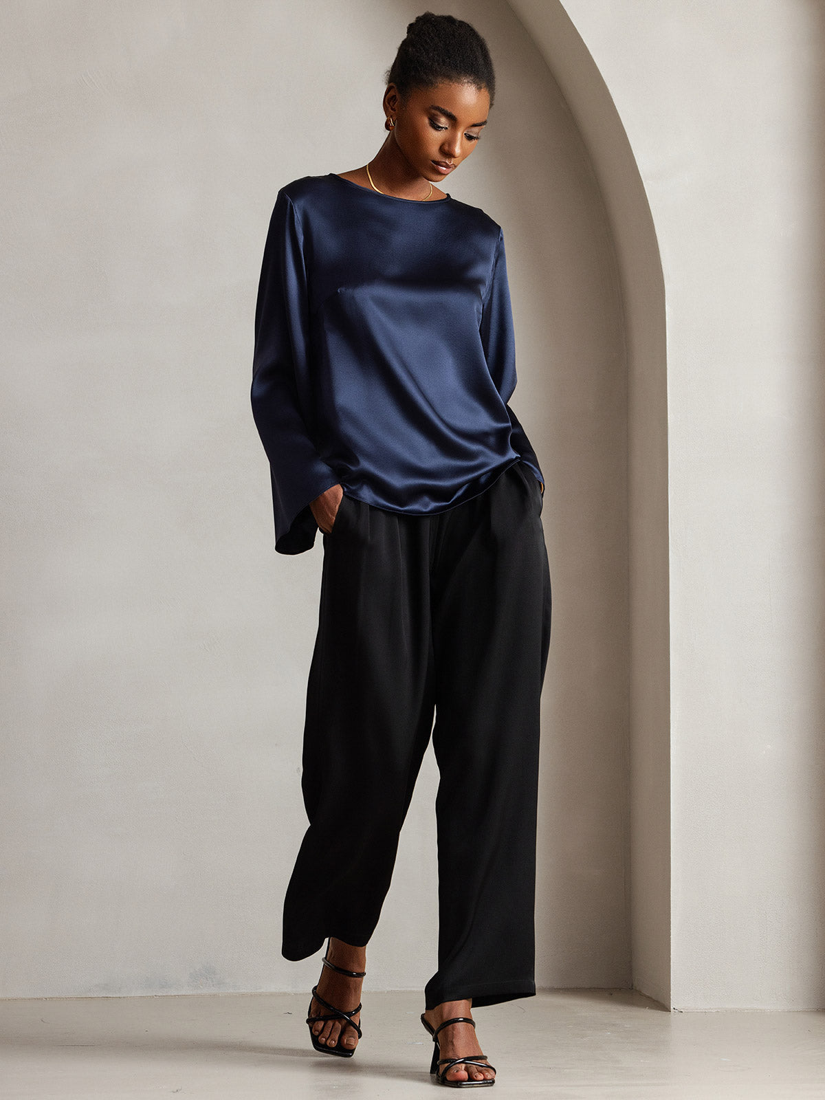 [Mørkeblå] SilkSilky-DK 19Momme Silke Womens T-Shirt 004