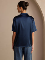 [Mørkeblå] SilkSilky-DK Short Sleeve Lapel Collar Dameskjorte 002