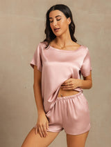 [Ferskenhud] SilkSilky-DK 19Momme Kort ærme Rund Hals Dame Pyjamas 005