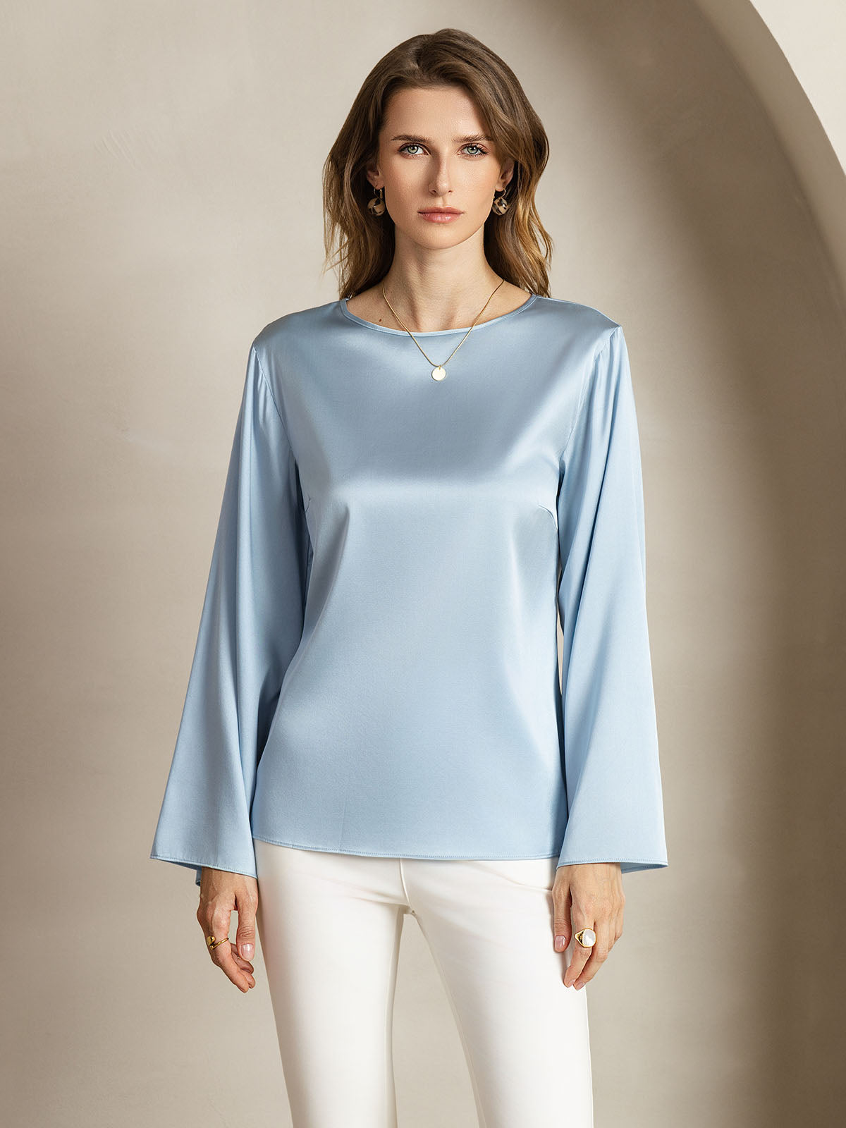 [Gråblå] SilkSilky-DK 19Momme Silke Womens T-Shirt 004