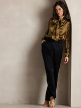 [Brun] SilkSilky-DK Long Sleeve Tie Neck Damebluser 008