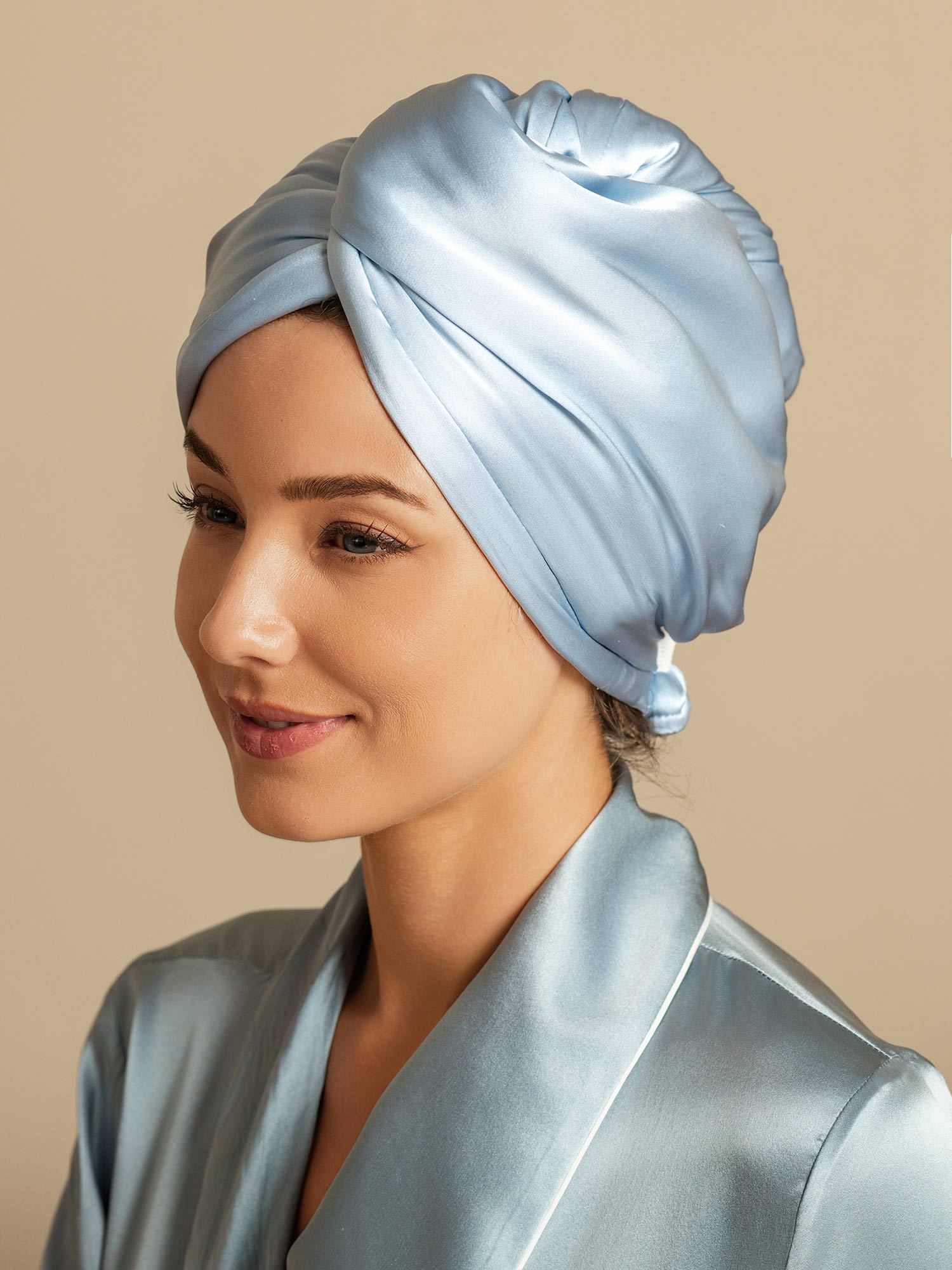 [Himmelblå] SilkSilky-DK Silke Hair Towel Wrap 005,