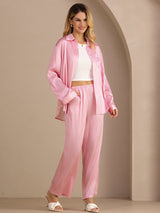 [Rosa Nålestribet] SilkSilky-DK Long Sleeve Lapel Collar Women's Outfit Sets 003
