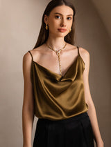 [Brun] SilkSilky-DK Spaghetti Strap Cowl Neck Camisole Top 003