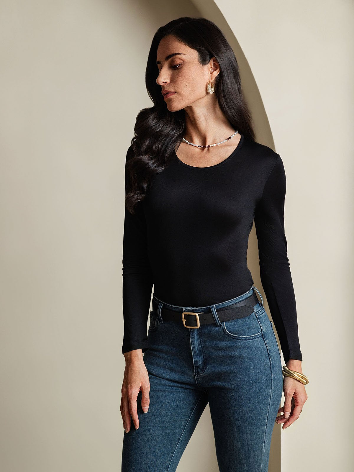 [Sort] SilkSilky-DK Langærmet Rund Hals T-shirt til kvinder 004