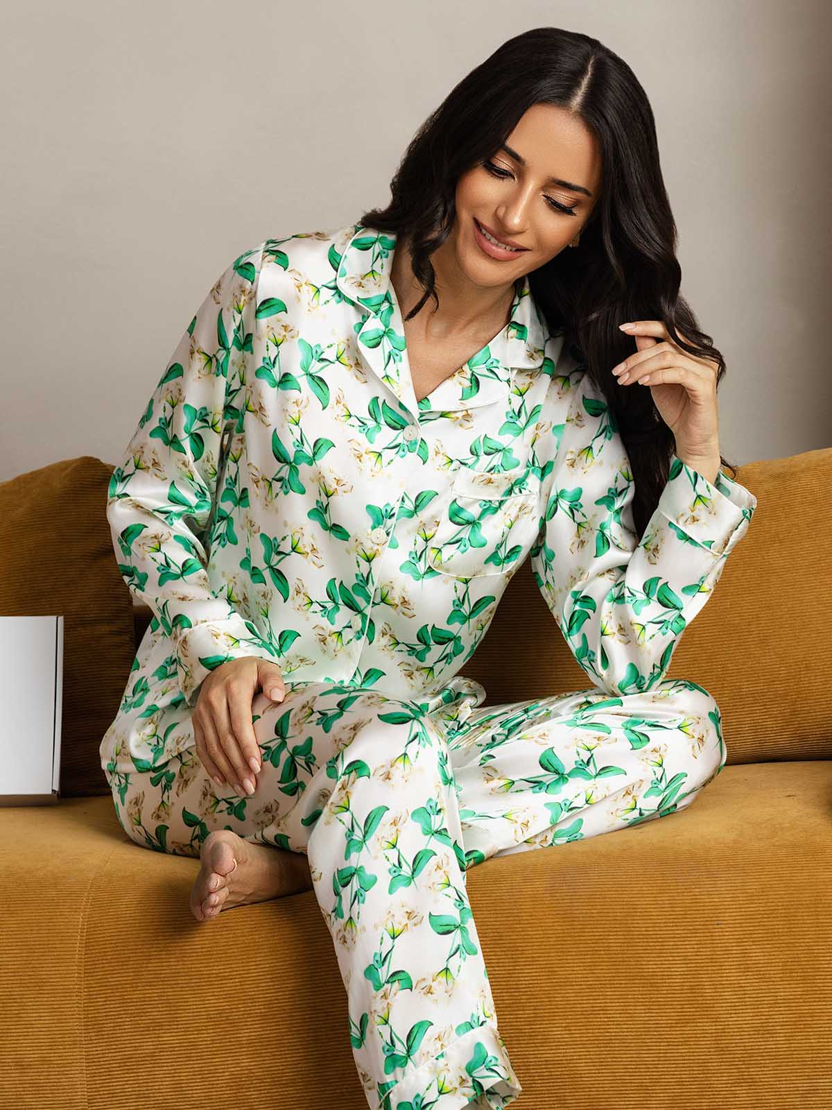 [Grøn Blomster] SilkSilky-DK Womens Pajamas 001