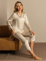 [Champagne] SilkSilky-DK Long Sleeve Lapel Collar Dame Pyjamas 006