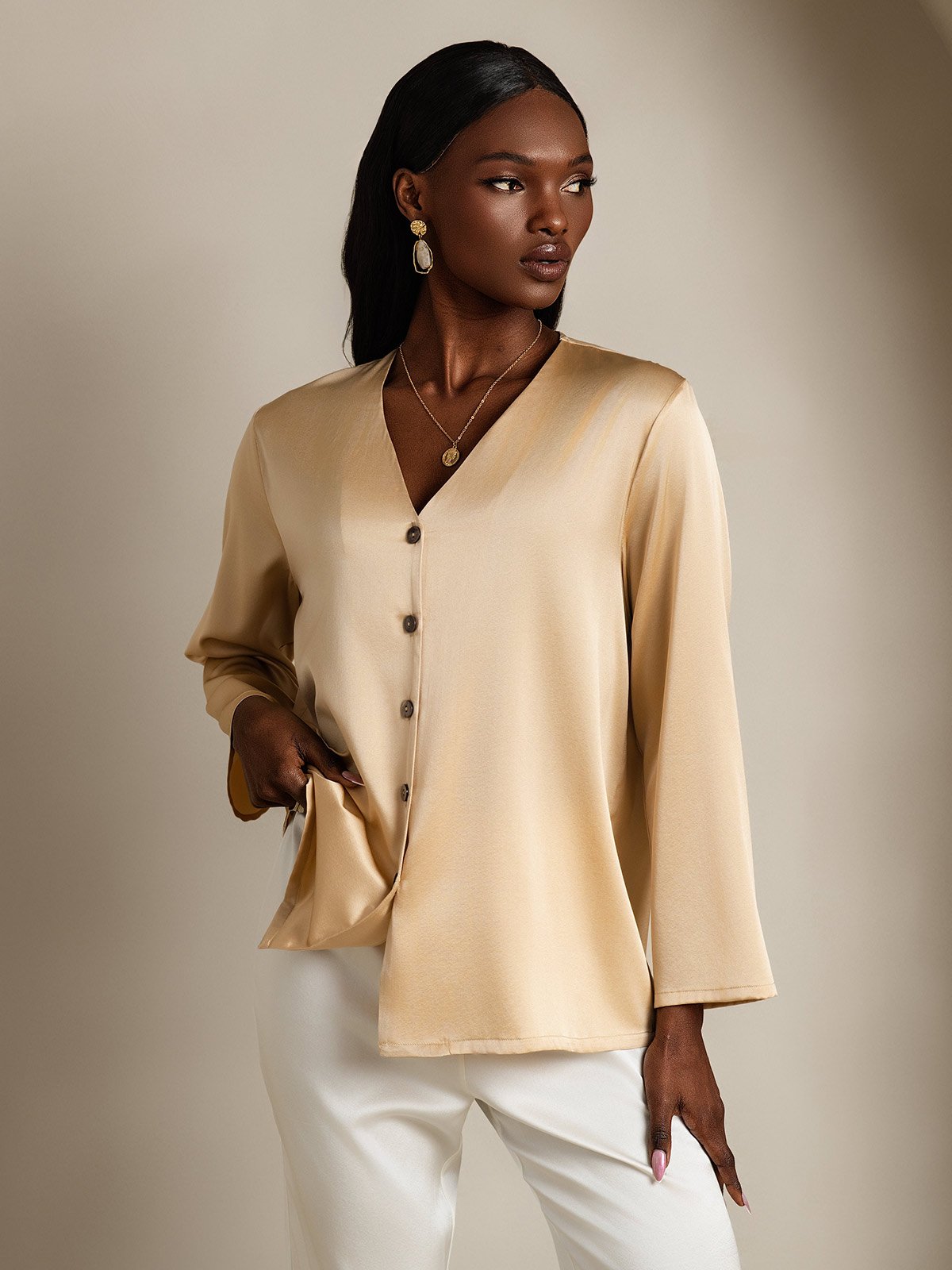 [Champagne] SilkSilky-DK 19Momme Silke Womens Shirt 004