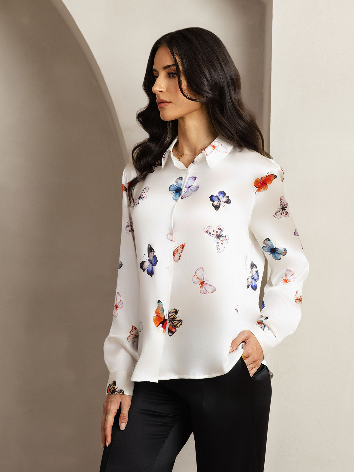 [Hvid Sommerfugl] SilkSilky-DK Silke Lapel Collar Dameskjorte 005