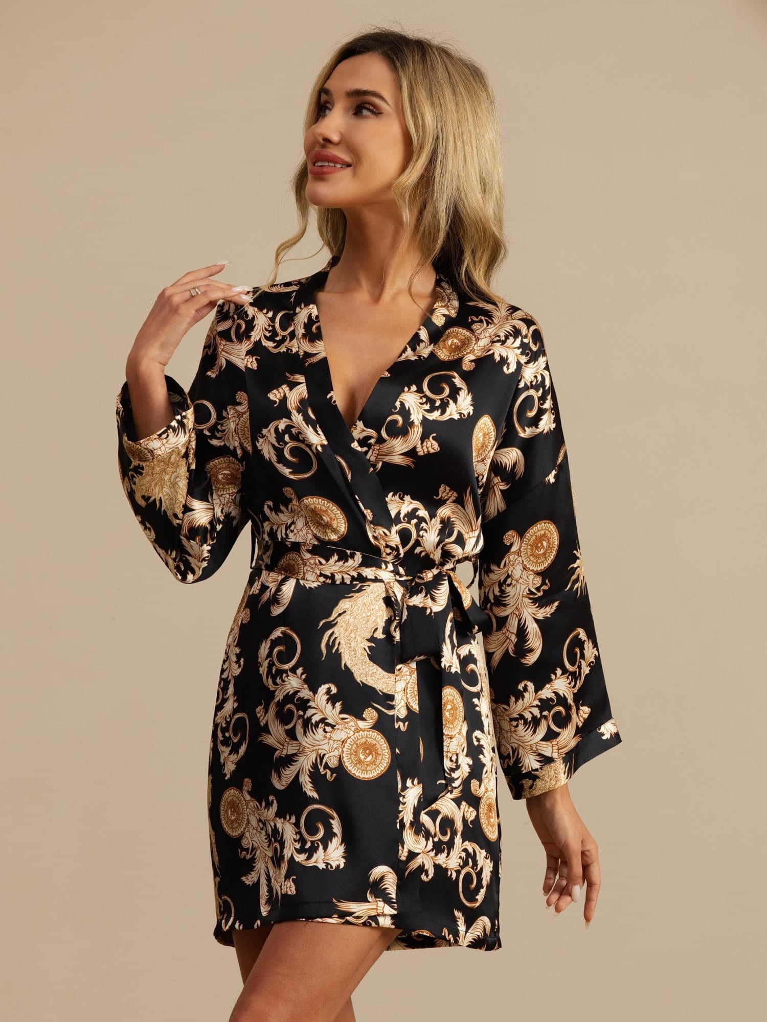 [Sort Drage] SilkSilky-DK 3/4 Sleeve Dame Morgenkåbe 001