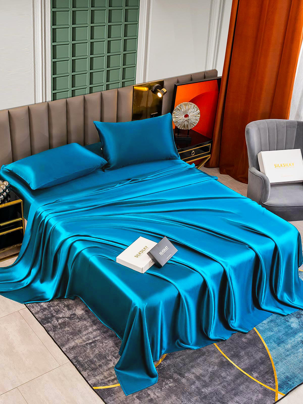 [Blågrøn] SilkSilky-DK 25Momme Bedding Set 003