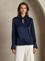[Mørkeblå] SilkSilky-DK Long Sleeve Keyhole Neck Damebluser 001