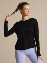 [Sort] SilkSilky-DK Langærmet Tight Crew Neck T-shirt til kvinder 003