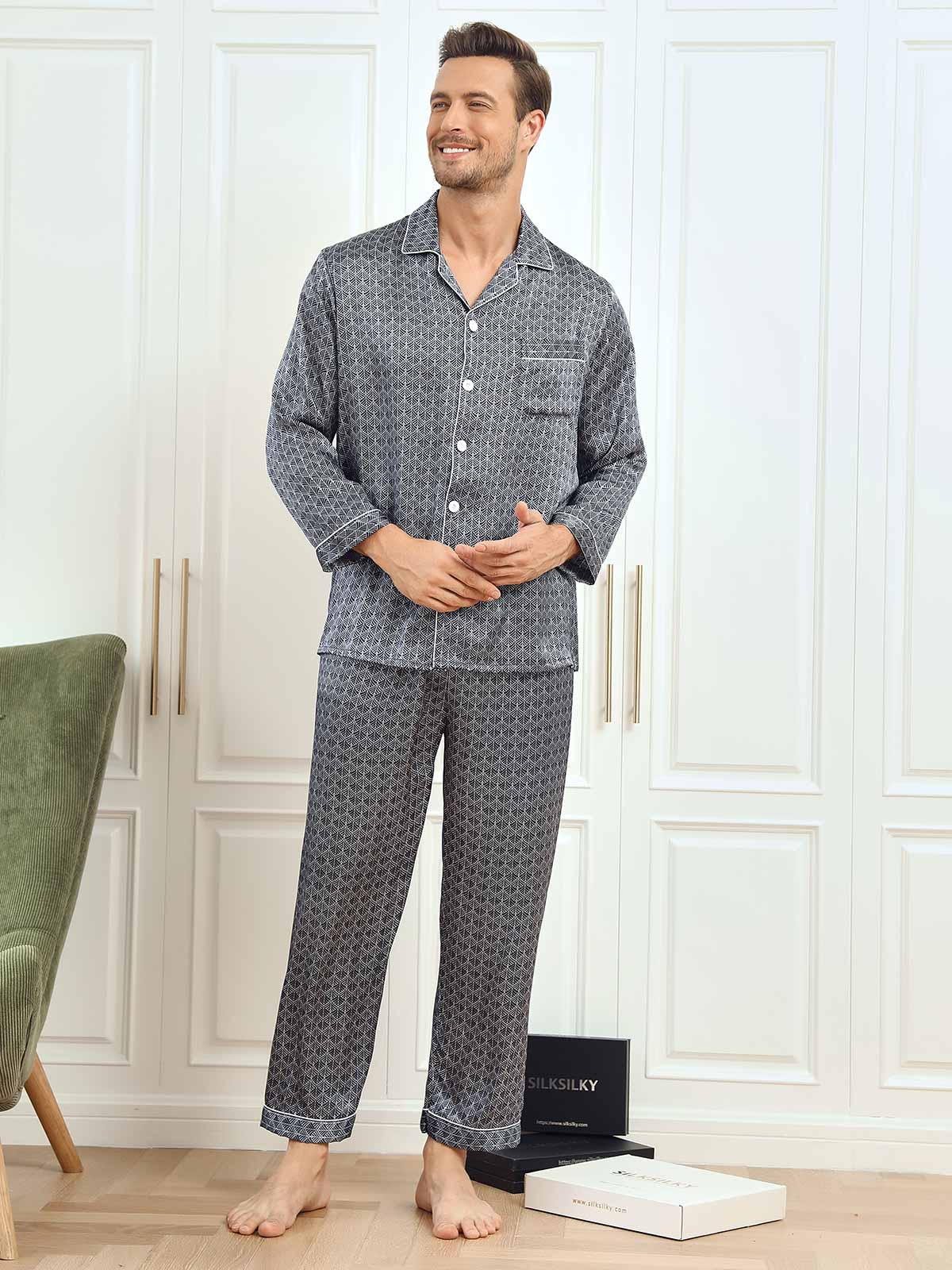 [Marine Ginkgo] SilkSilky-DK 19Momme Mens Pajamas 003