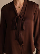 [Mørk Chokolade] SilkSilky-DK Long Sleeve Tie Neck Damebluser 004
