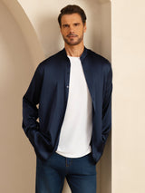 [Mørkeblå] SilkSilky-DK Long Sleeve Stand Collar Herreskjorte 003
