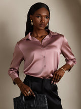 [Bleg Mauve] SilkSilky-DK 3/4 Sleeve Lapel Collar Dameskjorte 003