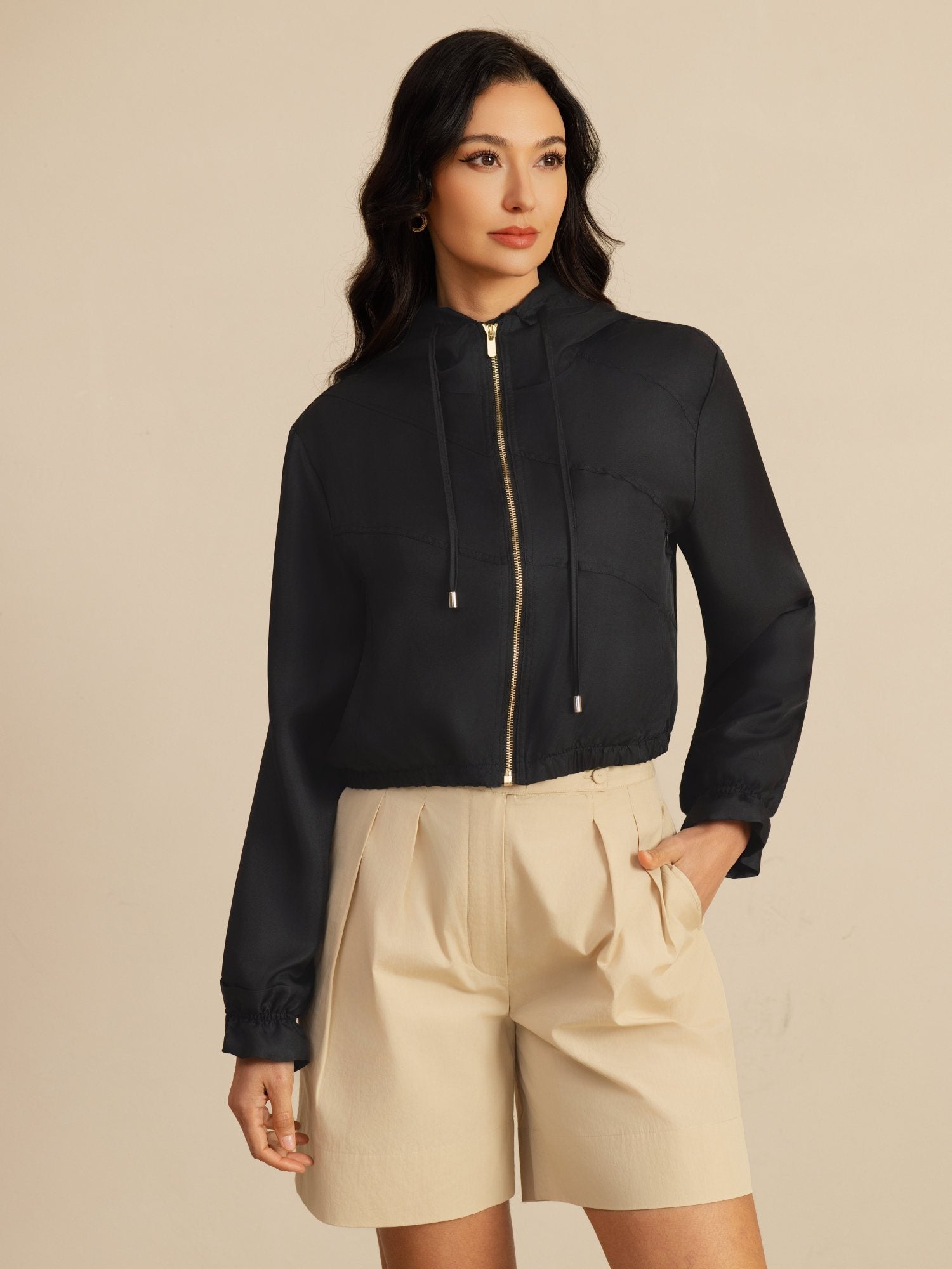 [Sort] SilkSilky-DK 18Momme Langærmet Høj Hals Overtøj til Kvinder 005