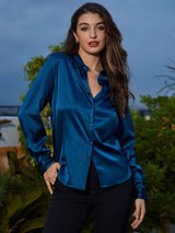 [Blågrøn] SilkSilky-DK Long Sleeve Lapel Collar Dameskjorte 006