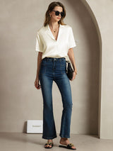 [Elfenben] SilkSilky-DK Short Sleeve Lapel Collar Dameskjorte 007