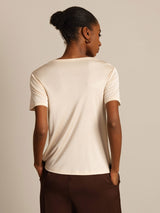 [Beige] SilkSilky-DK Kort ærme Rund Hals T-shirt til kvinder 002