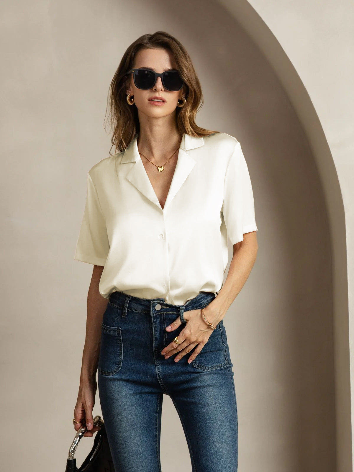 [Elfenben] SilkSilky-DK 19Momme Silke Womens Shirt 005