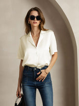 [Elfenben] SilkSilky-DK Short Sleeve Lapel Collar Dameskjorte 005