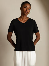 [Sort] SilkSilky-DK Short Sleeve V Neck T-shirt til kvinder 001