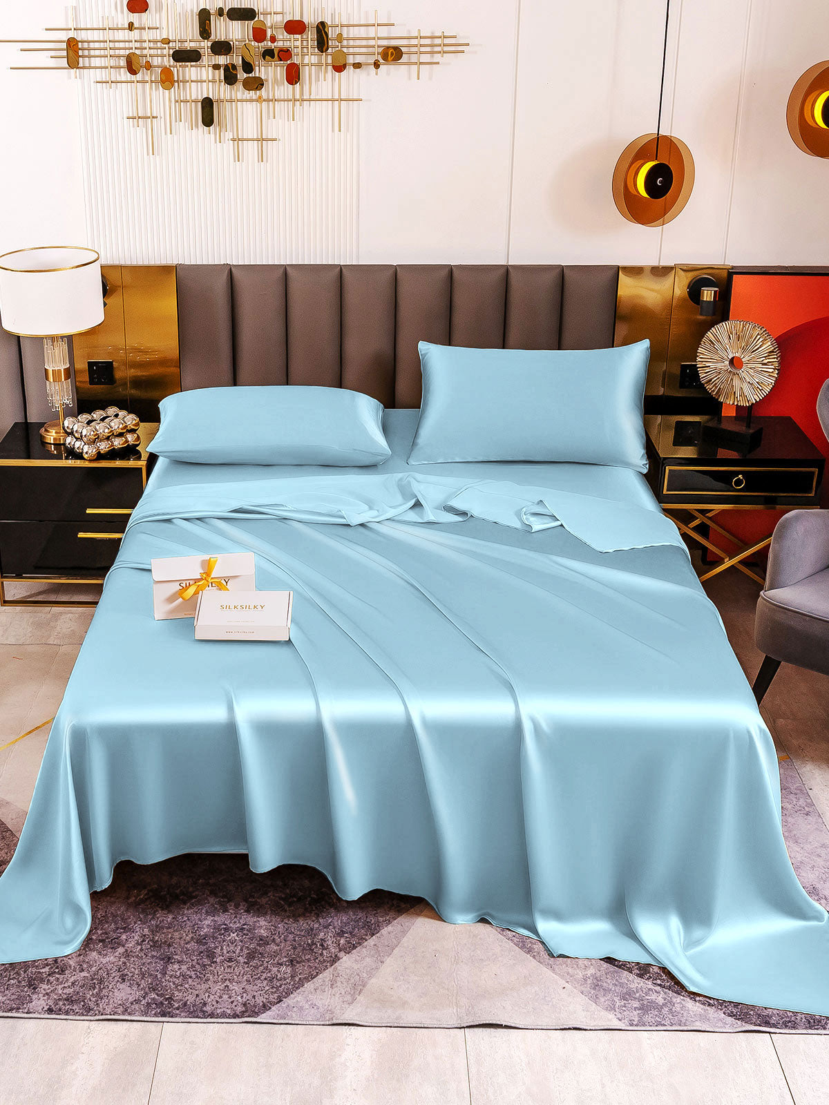 [Lyseblå] SilkSilky-DK 19Momme Bedding Set 002
