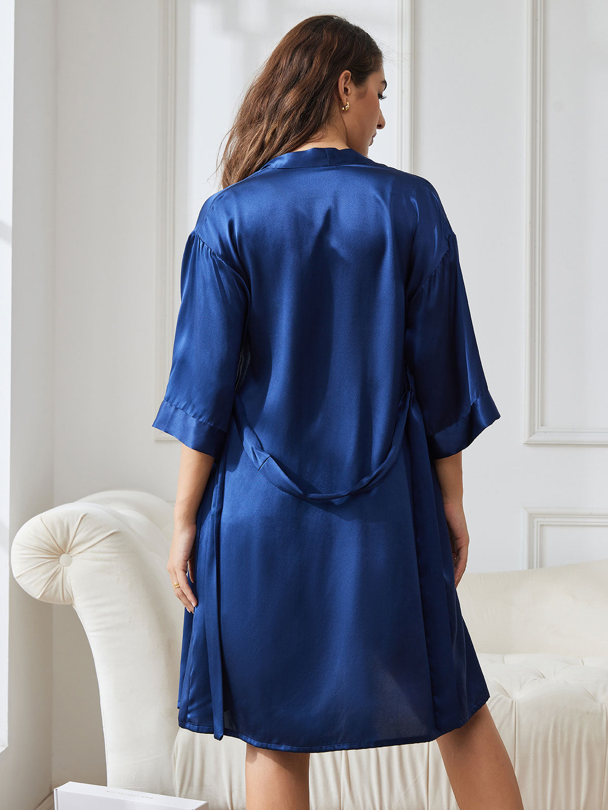 [Mørkeblå] SilkSilky-DK Nightgown&Robe Set 002
