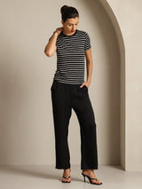 [Sort Stribe] SilkSilky-DK Short Sleeve Crew Neck T-shirt til kvinder 007