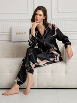 [Sort] SilkSilky-DK 19Momme Langærmet Notchkrage Dame Pyjamas 001