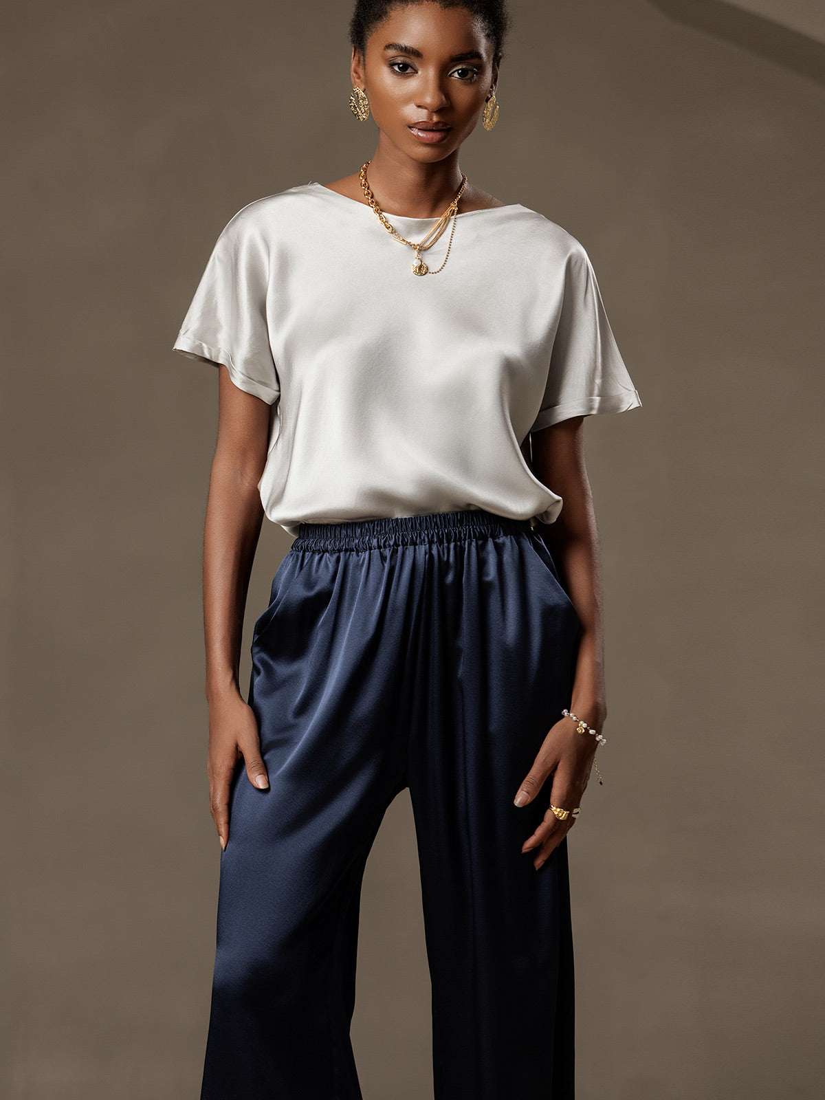 [Mørkeblå] SilkSilky-DK 19Momme Silke Womens Pants 003