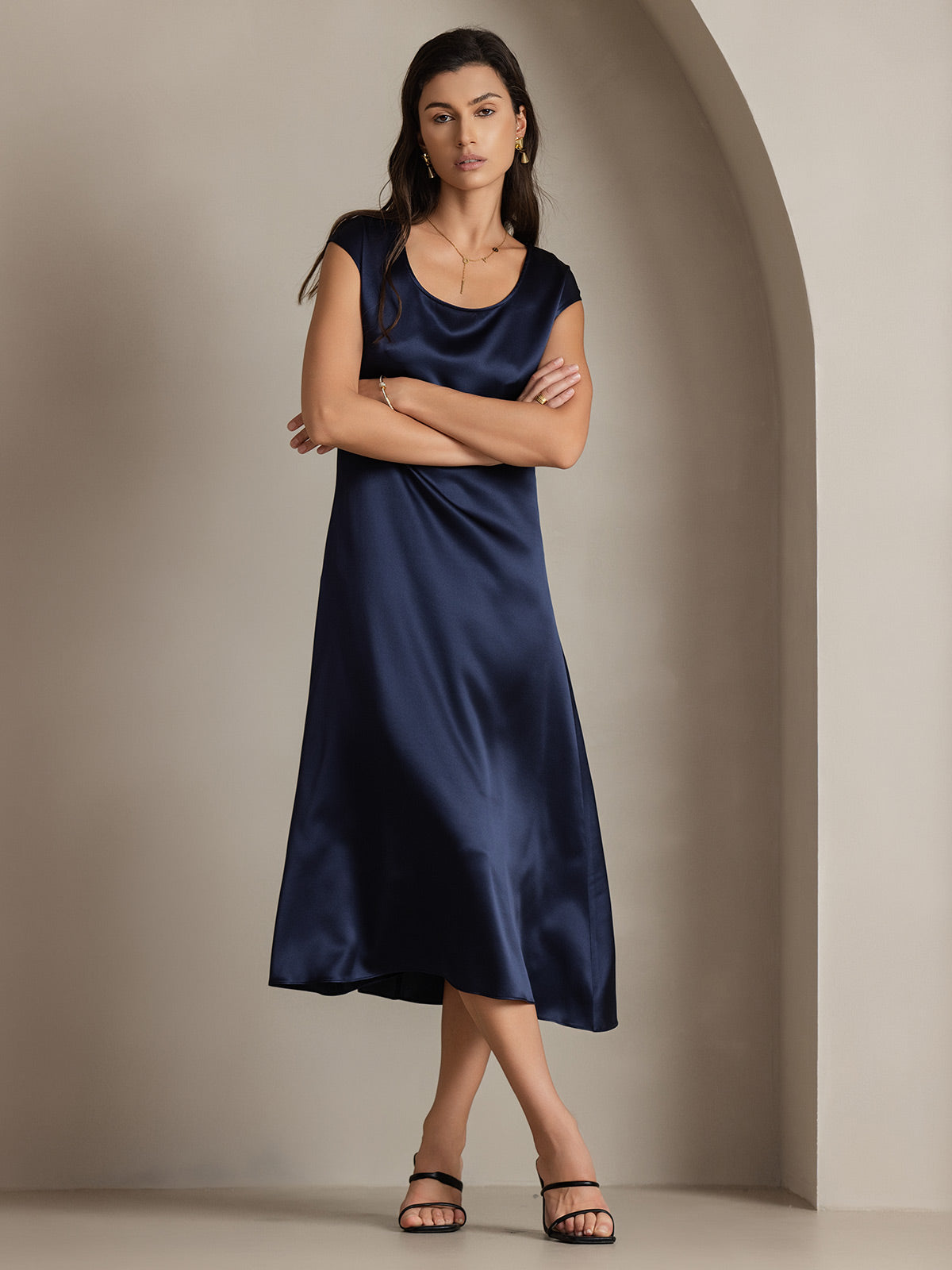 [Mørkeblå] SilkSilky-DK 19Momme Silke Dress 002