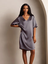[Lilla Grå] SilkSilky-DK Half Sleeve V Neck Natkjole 005