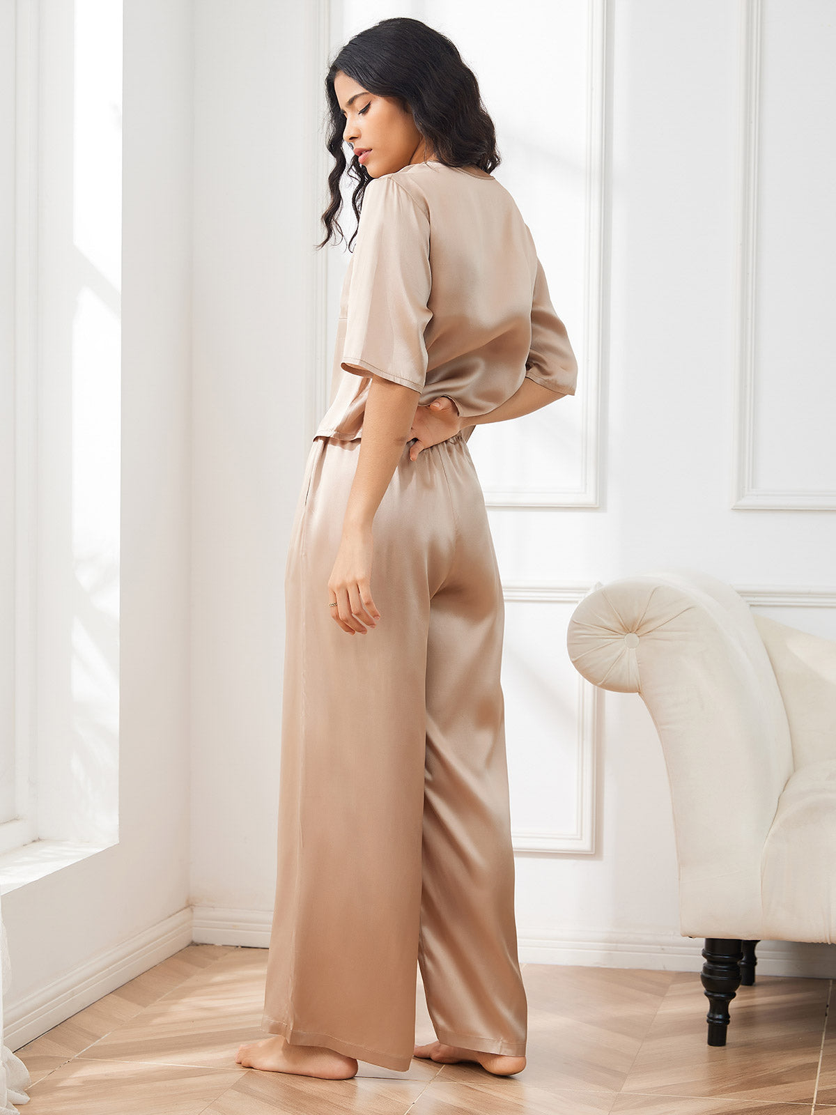 [Champagne] SilkSilky-DK Halv ærme Rund Hals Dame Pyjamas 002