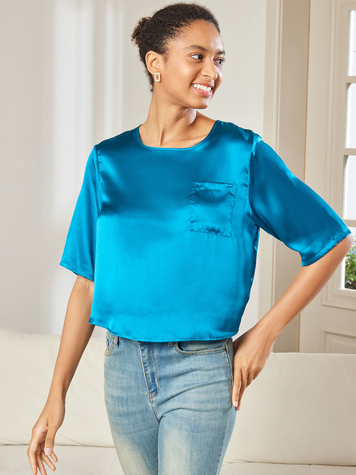 [Blågrøn] SilkSilky-DK Pure Silk Half Sleeve Boat Neck T-shirt til kvinder 003