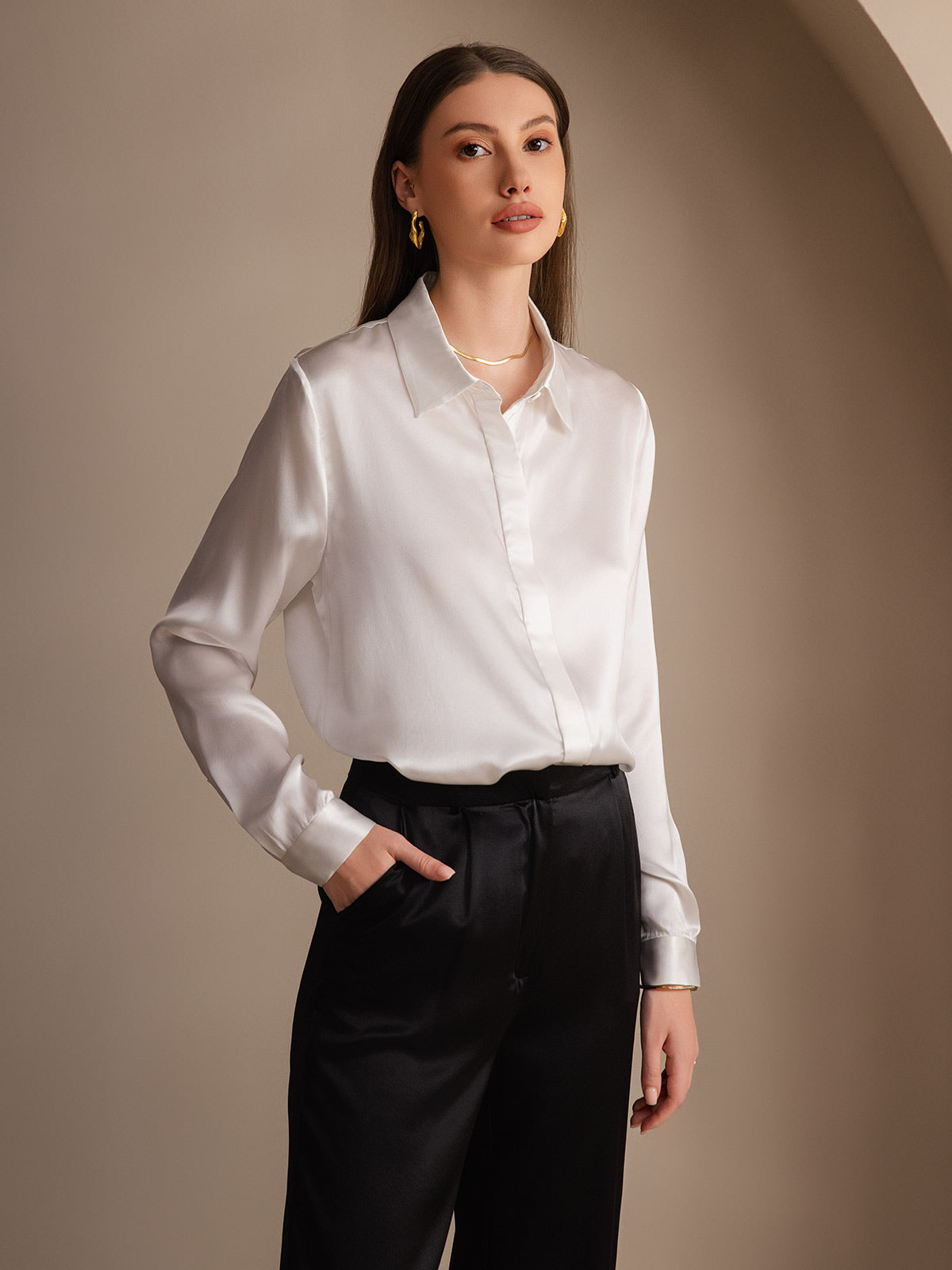 [Hvid] SilkSilky-DK 19Momme Silke Womens Shirt 003