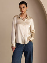 [Risbeige] SilkSilky-DK Long Sleeve Lapel Collar Dameskjorte 001