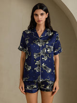 [Marineblå Løve] SilkSilky-DK Short Sleeve Notch Collar Dame Pyjamas 001